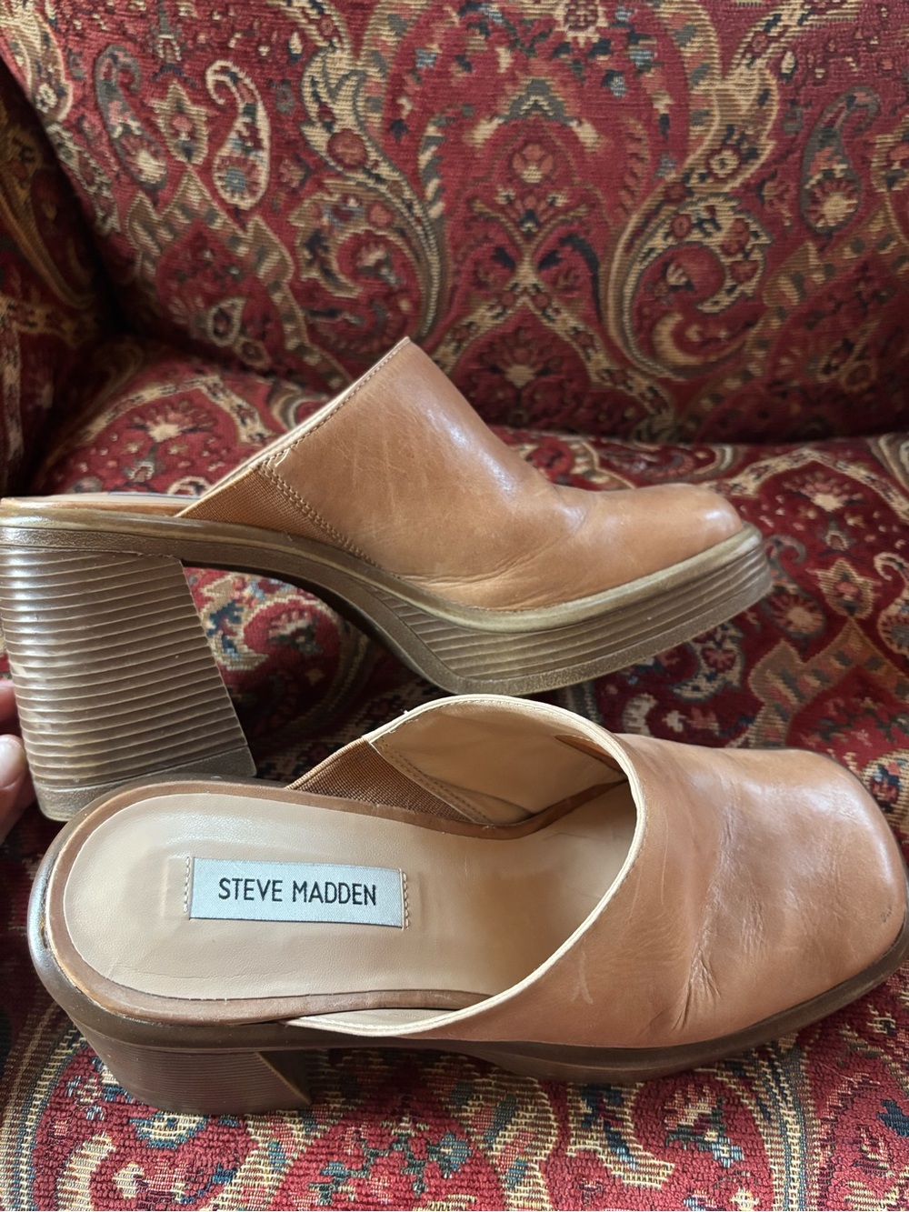 Steve Madden Cognac Leather Slip-On Block Heel Mules Size 9